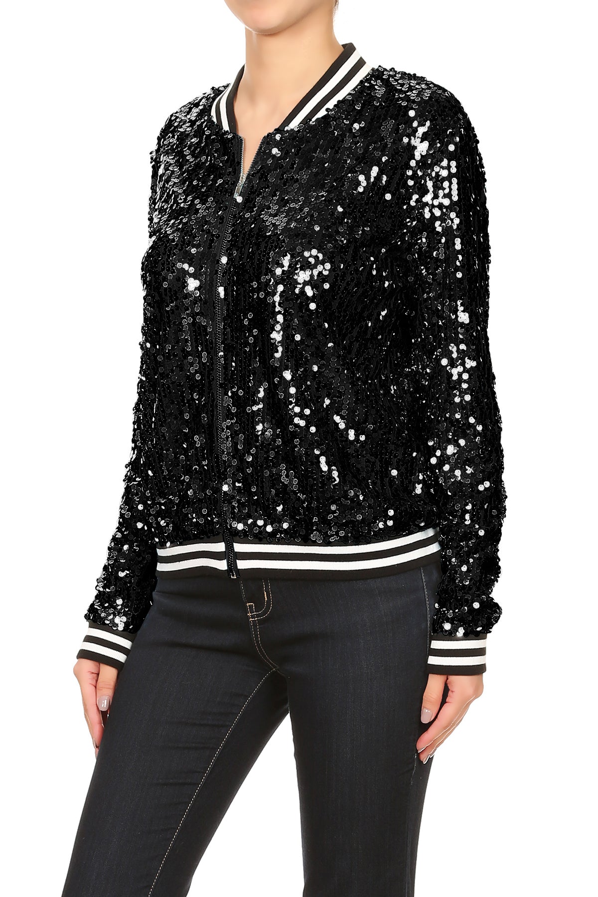 Sequin Bomber Zip-Up Jacket