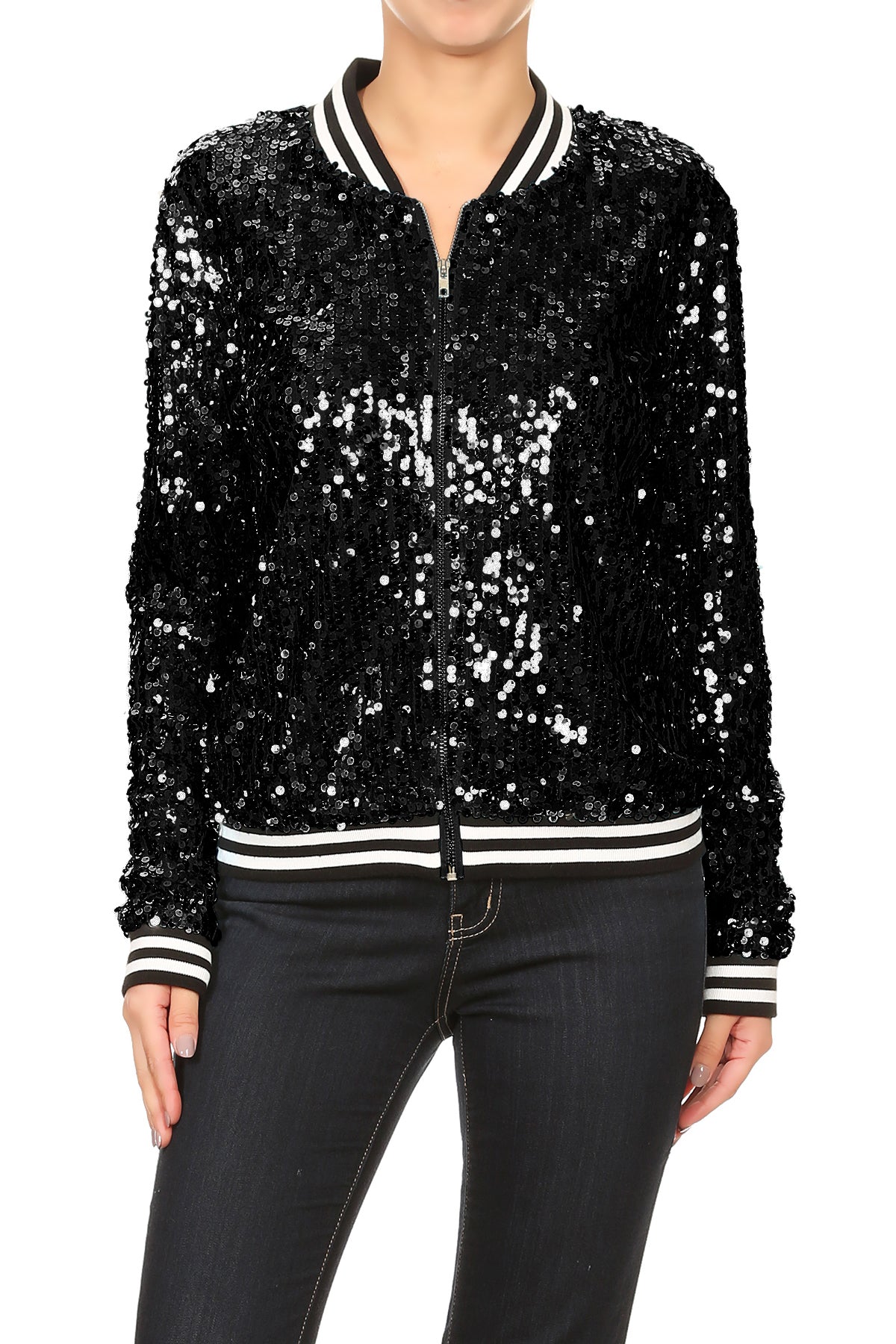 Sequin Bomber Zip-Up Jacket