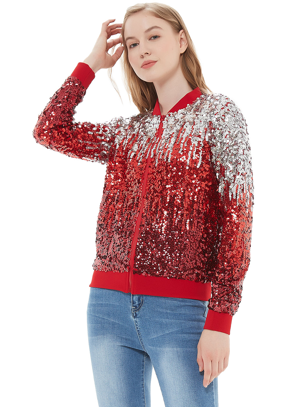 Sequin Bomber Zip-Up Jacket