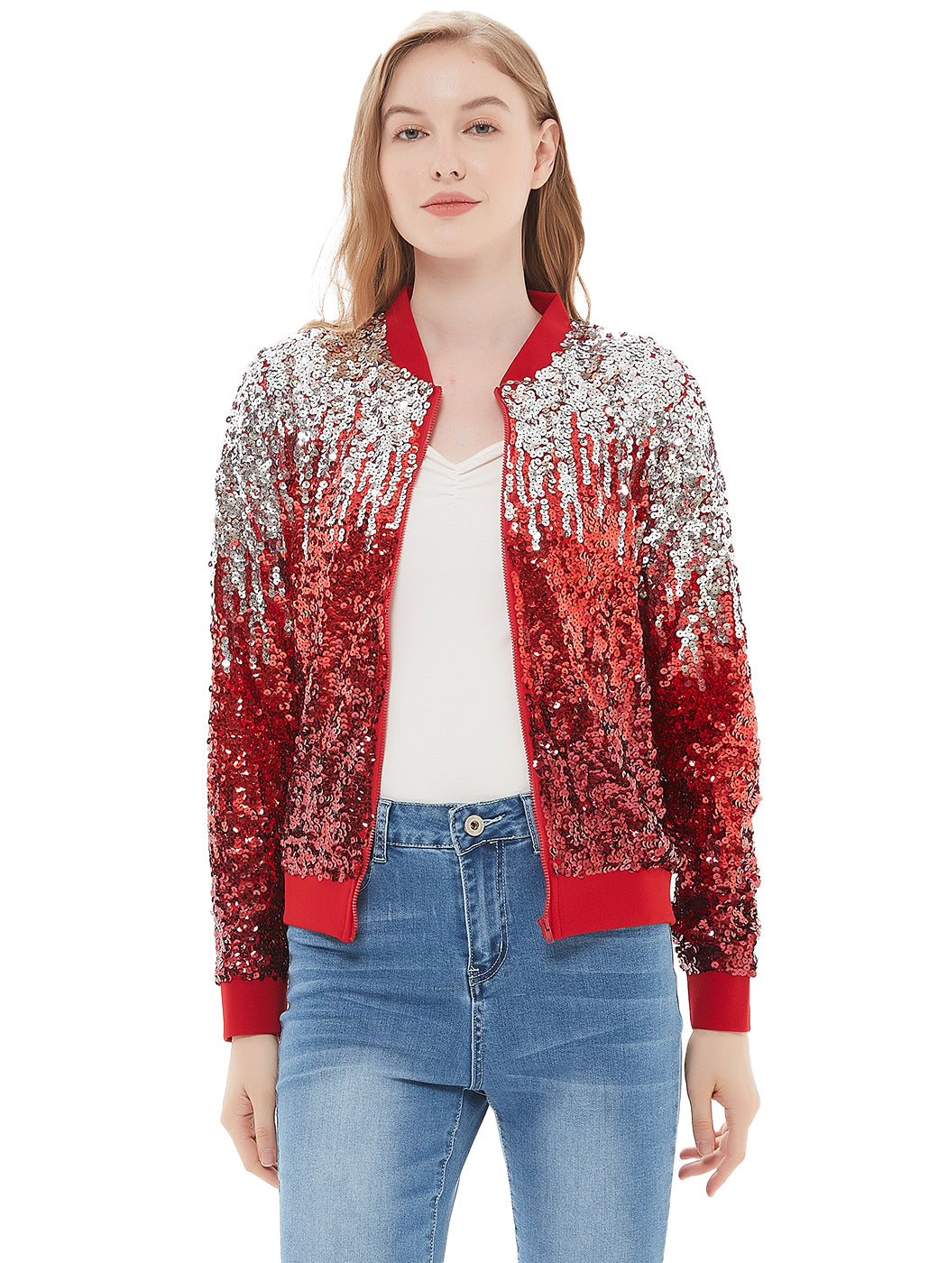 Sequin Bomber Zip-Up Jacket