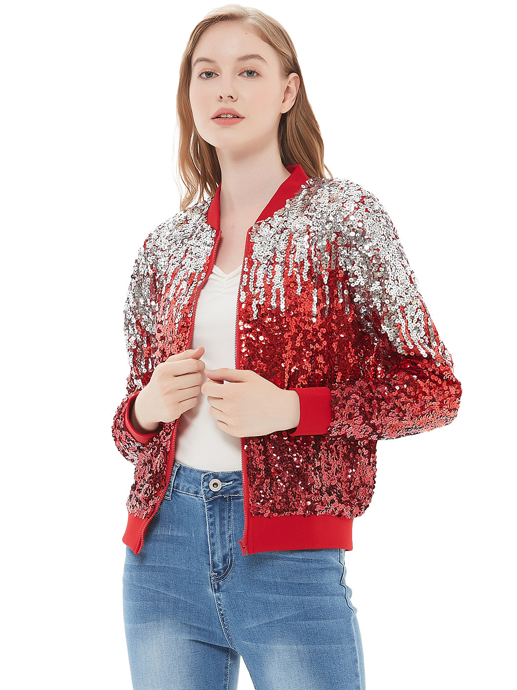 Sequin Bomber Zip-Up Jacket