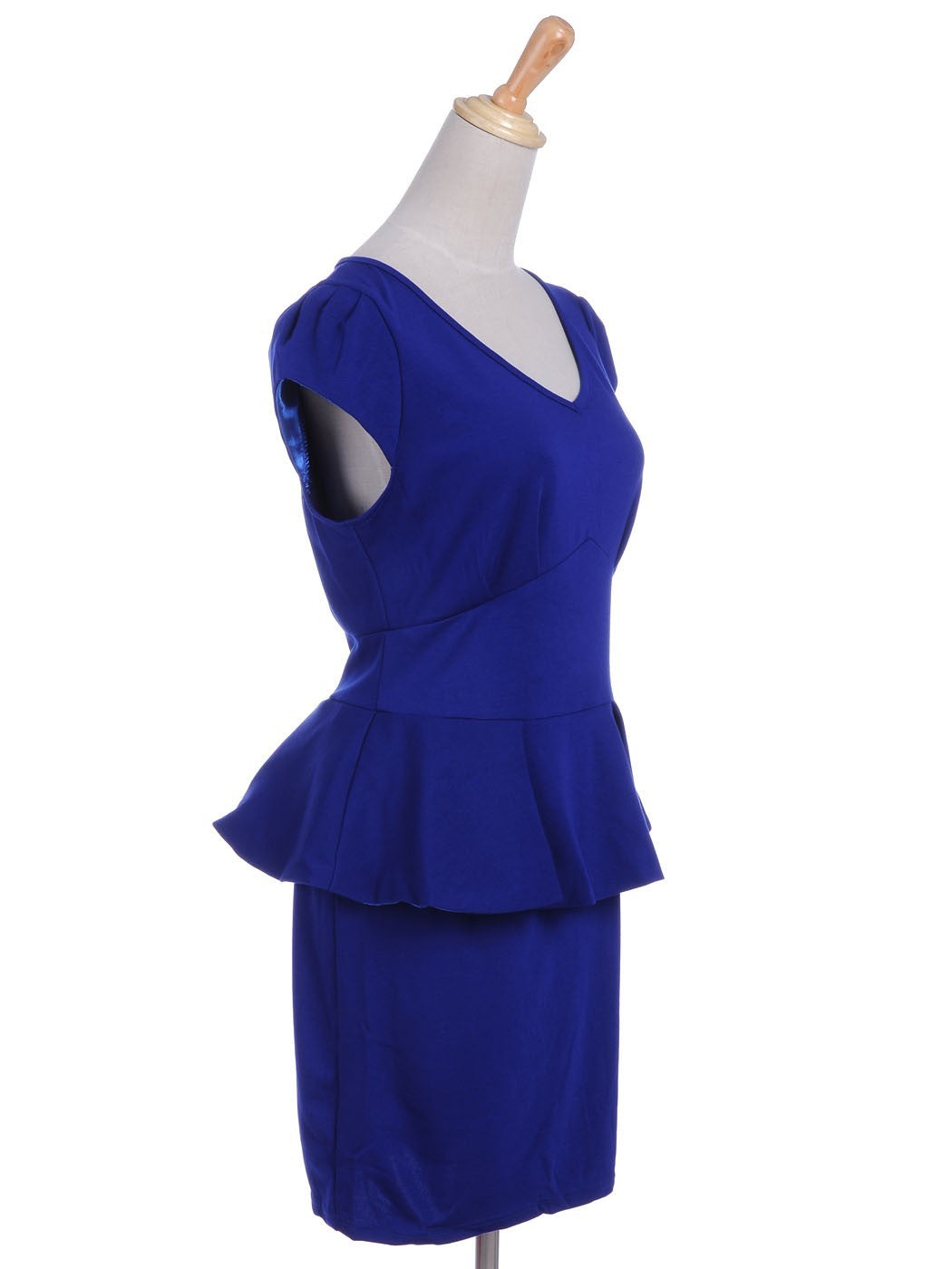 S/M Fit Blue Cap Sleeve Pleated Peplum Point Banded Waist V Neck Dress