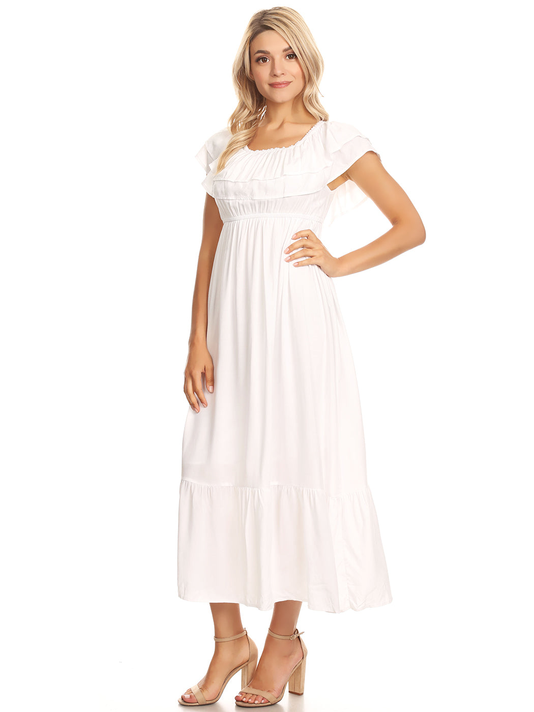 Grecian Ruffle Stretch Maxi Long Dress