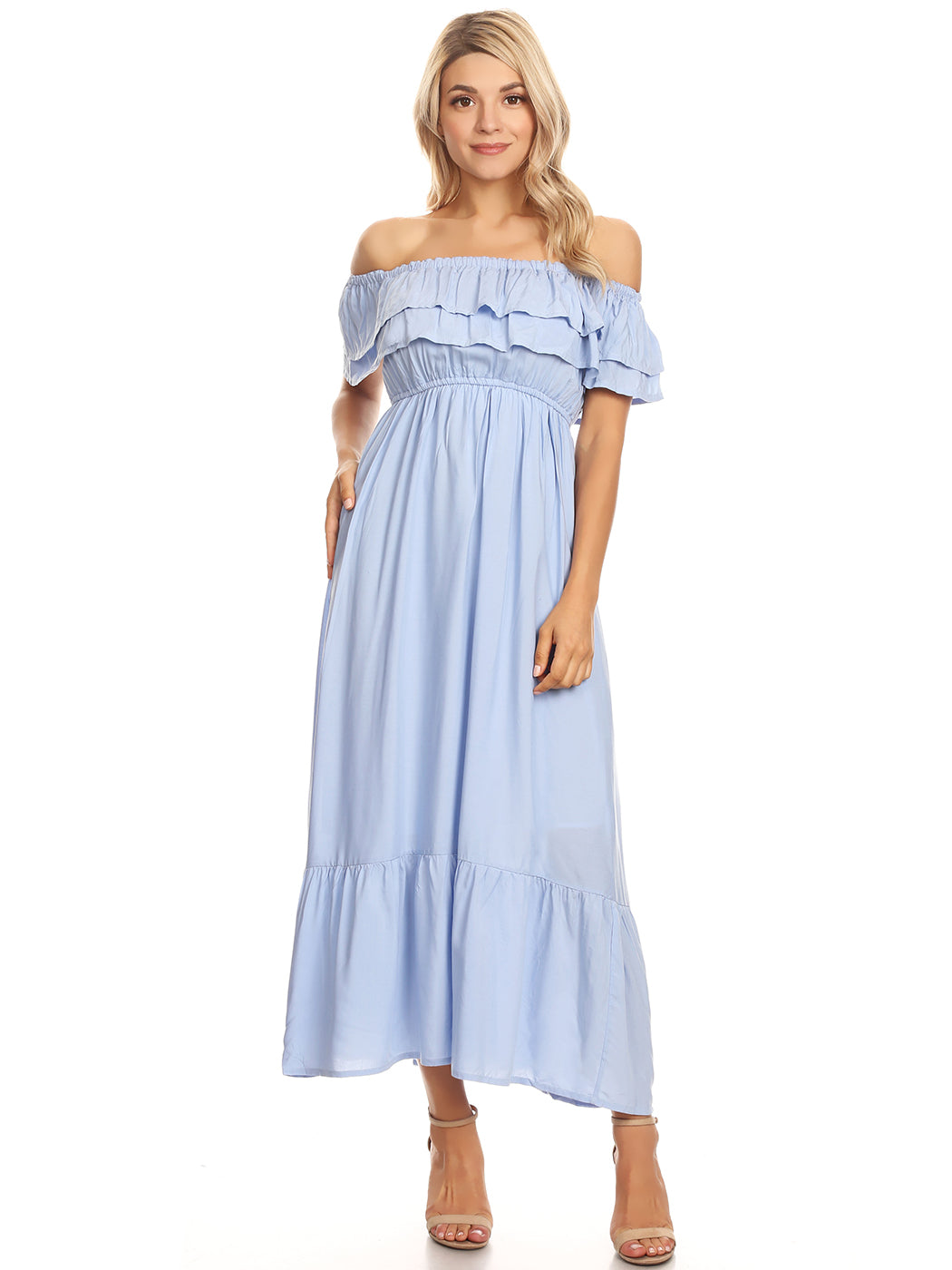 Grecian Ruffle Stretch Maxi Long Dress