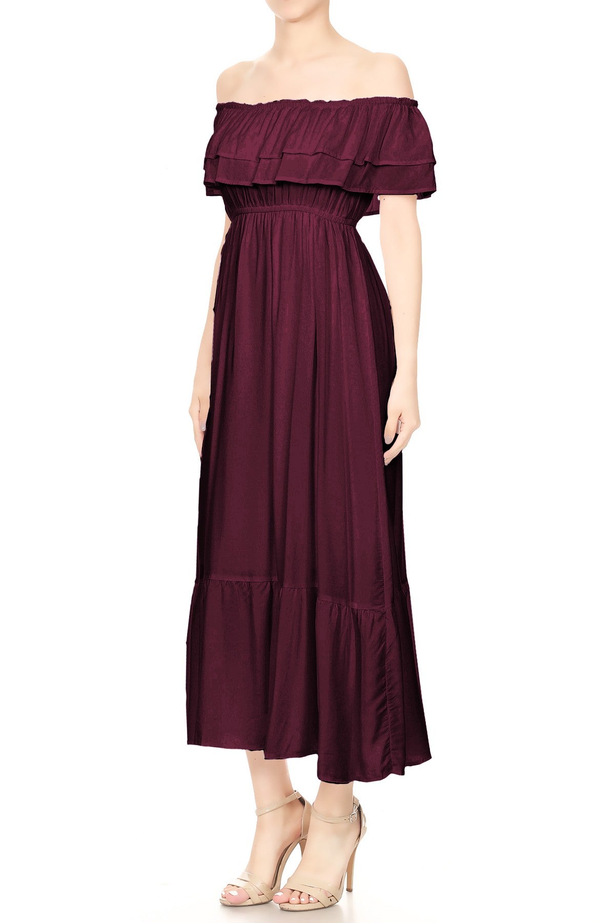 Grecian Ruffle Stretch Maxi Long Dress