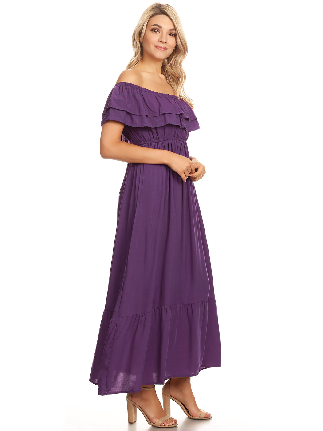 Grecian Ruffle Stretch Maxi Long Dress