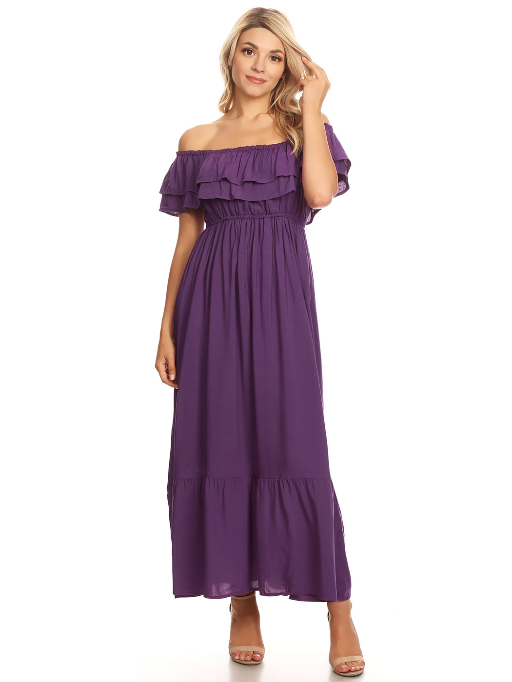 Grecian Ruffle Stretch Maxi Long Dress