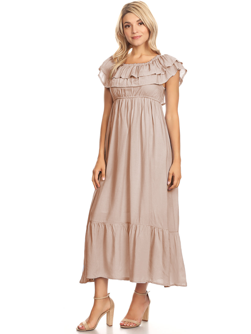 Grecian Ruffle Stretch Maxi Long Dress