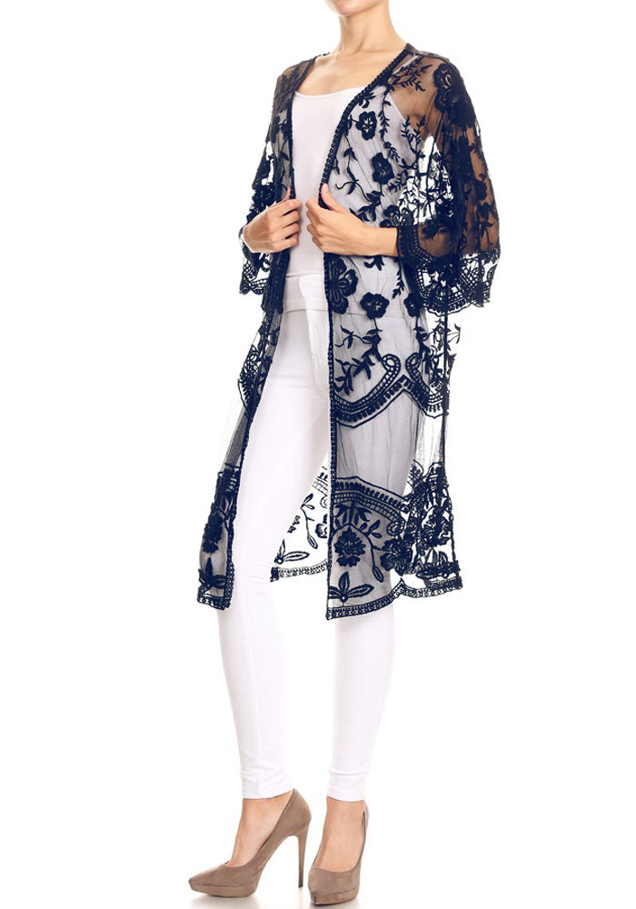 Anna-Kaci Women's Long Embroidered Floral Butterfly Kimono Cover Up Cardigan - ALILANG.COM