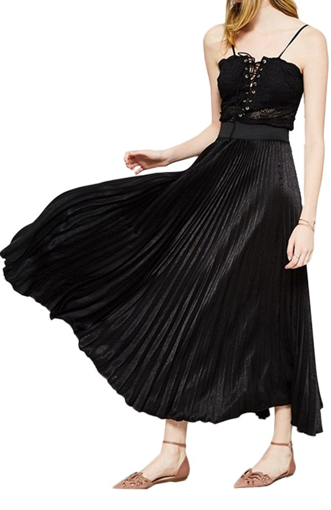 Womens Satin High Waist Elastic Band Pleated Skirt