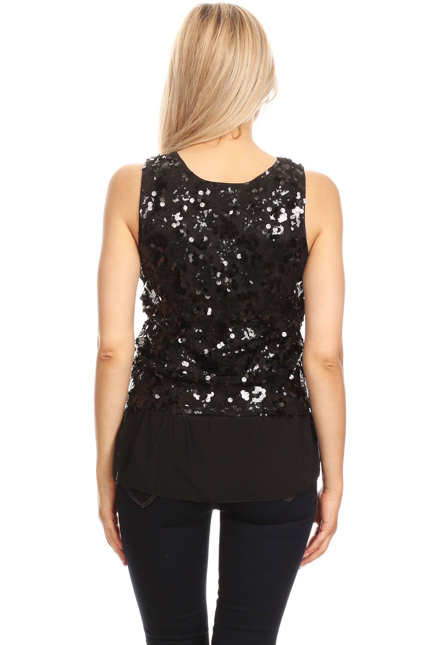 Womens Sequin Spaghetti Strap Sheer Ruffle Crop Camisole Tank Top