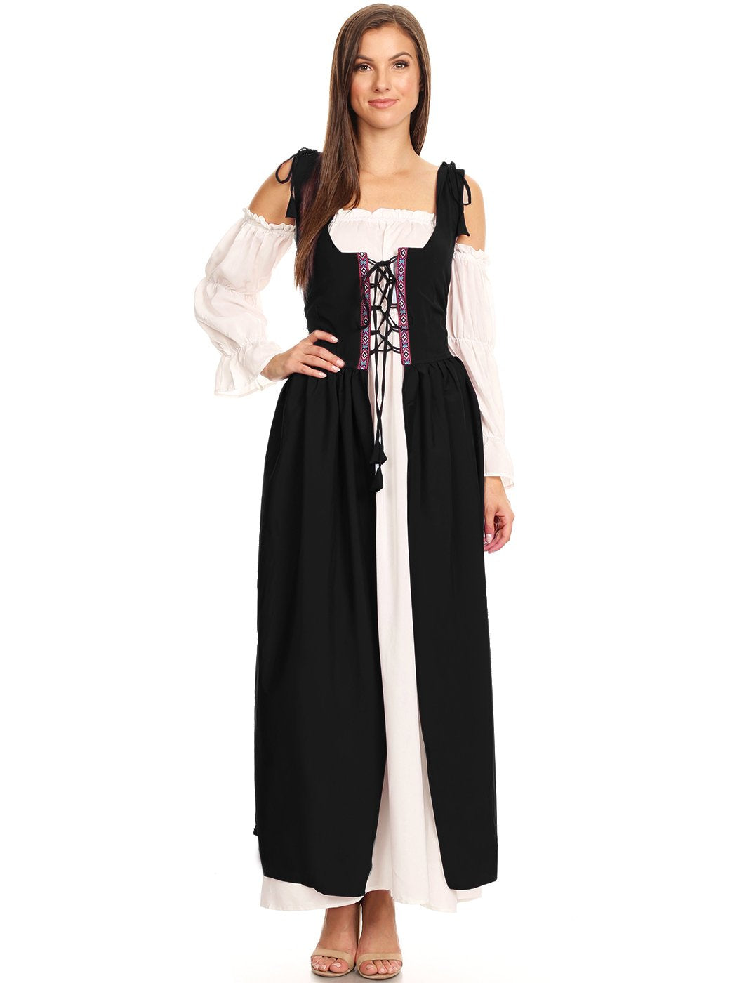medieval off the shoulder dress Ecqkame Women Renaissance Medieval Dress Women's Fashion Middle Ages Vintage Color Matching Short Sleeve Off Shoulder Dress Dark Gray S, Size: Small