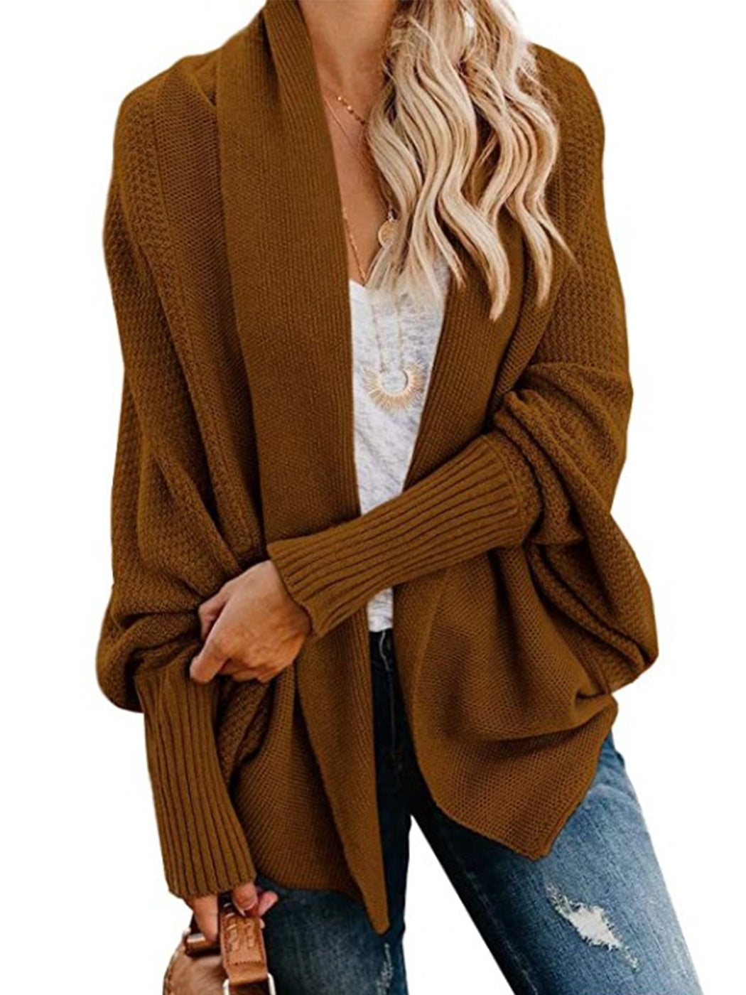 Women Batwing Sleeve Sweater Open Front Kimono Oversized Wrap Cardigan