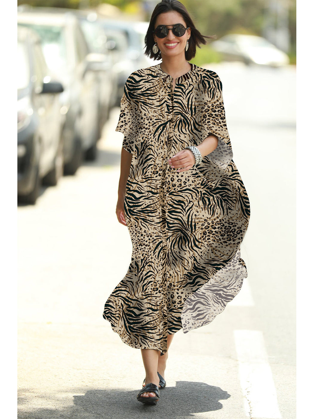 Chiffon Leopard Turkish Kaftan Pockets Swimwear Bikini Cover Up Maxi Dress