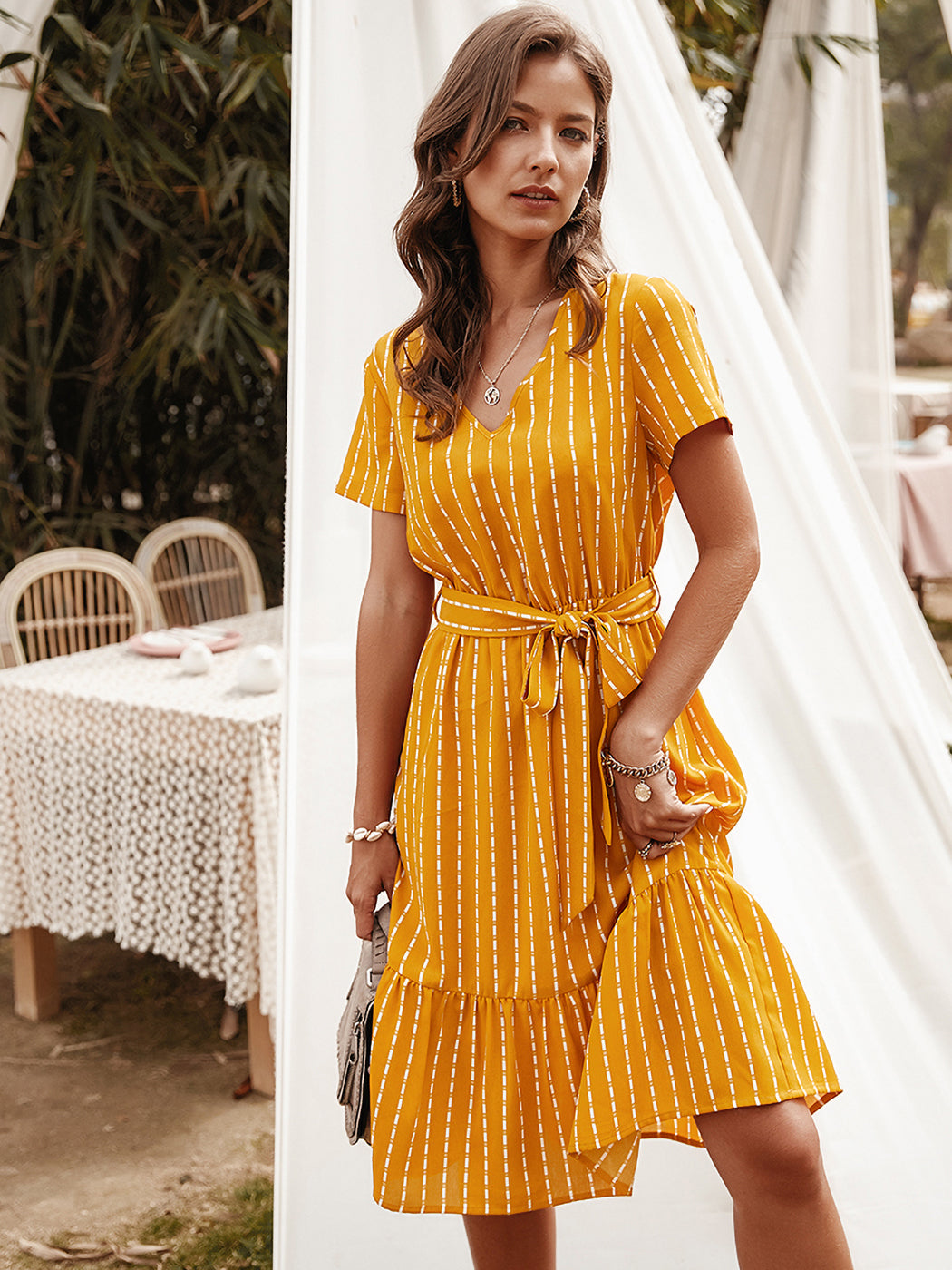 Anna-Kac Vertical Striped Short Sleeve Ruffle Flowy Swing Dress With Belt