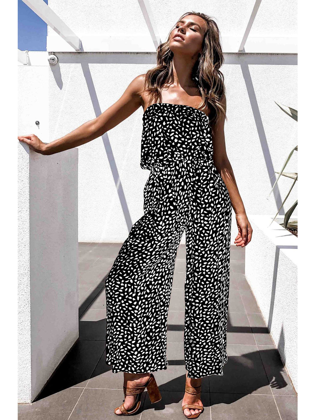 Anna-Kaci Women's Off Shoulder Jumpsuit Printed Belted Elastic Waist Wide Leg Romper with Pockets, Apricot, Large