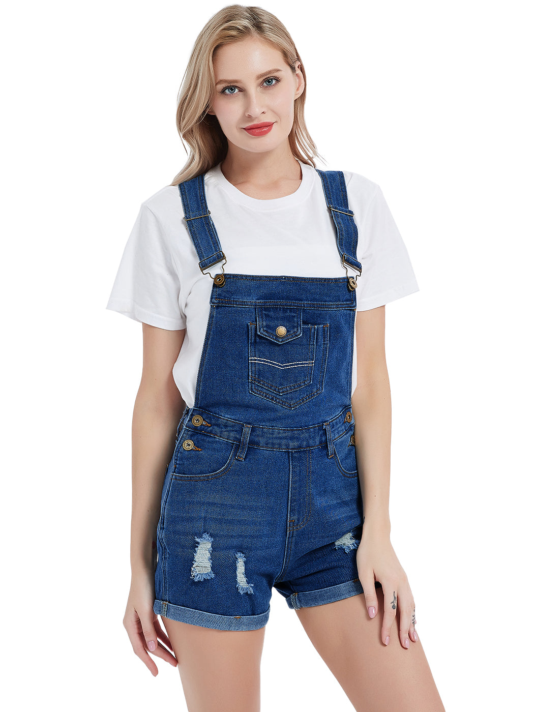 Anna-Kaci Women's Distressed Short Overalls Adjustable Denim Bib Overall Shorts Roll Cuff Romper