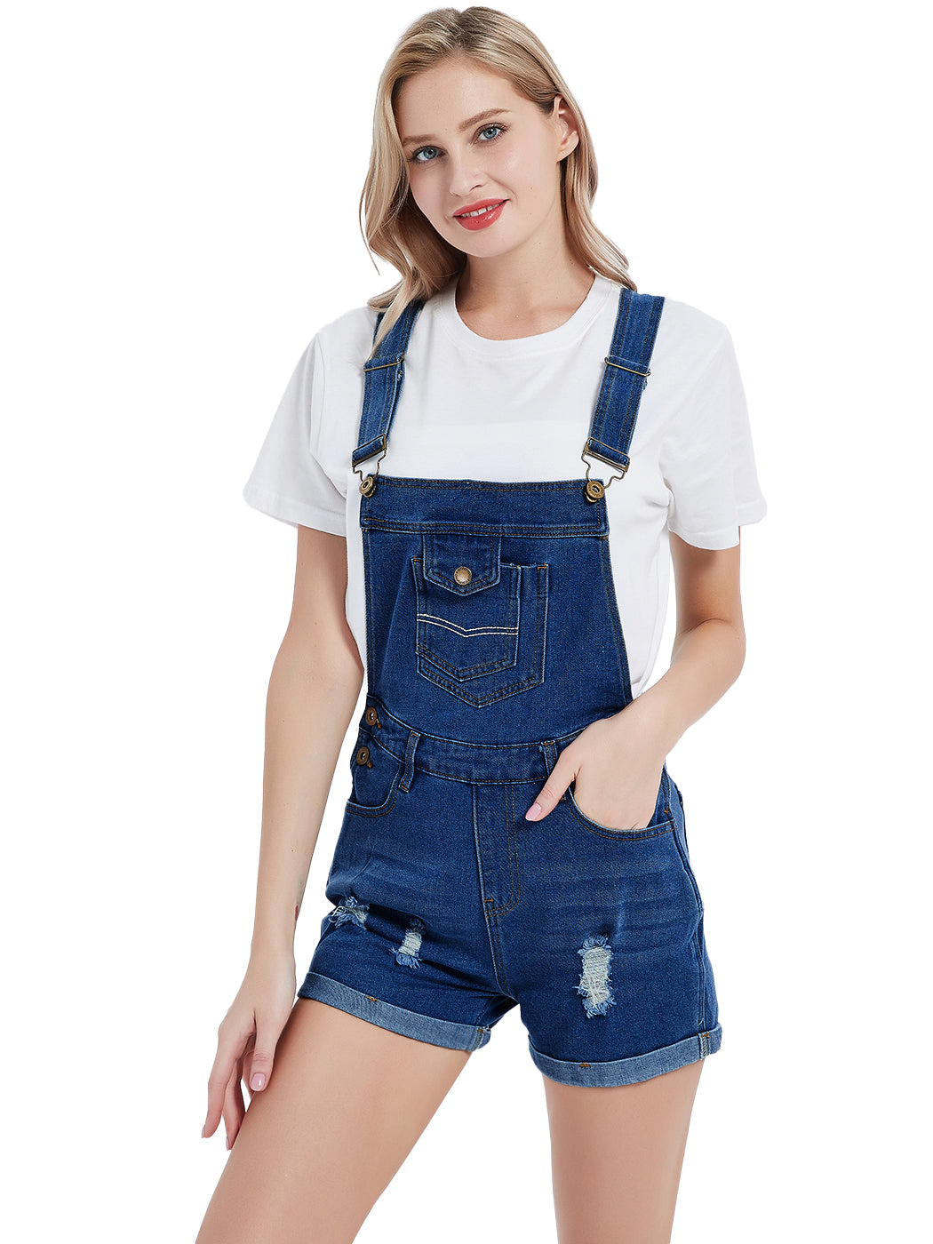 Anna-Kaci Women's Distressed Short Overalls Adjustable Denim Bib Overall Shorts Roll Cuff Romper