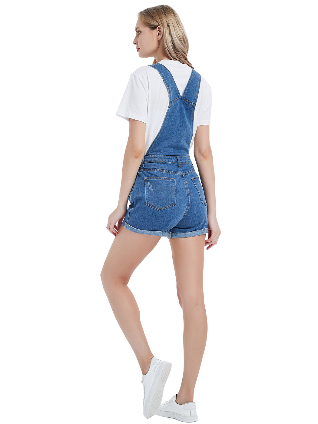 Anna-Kaci Women's Distressed Short Overalls Adjustable Denim Bib Overall Shorts Roll Cuff Romper