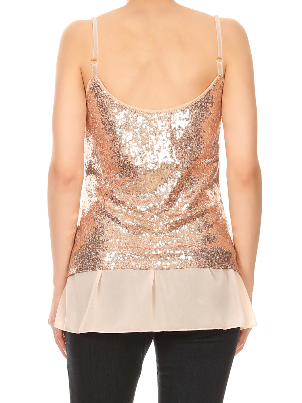 Womens Sequin Spaghetti Strap Sheer Ruffle Crop Camisole Tank Top