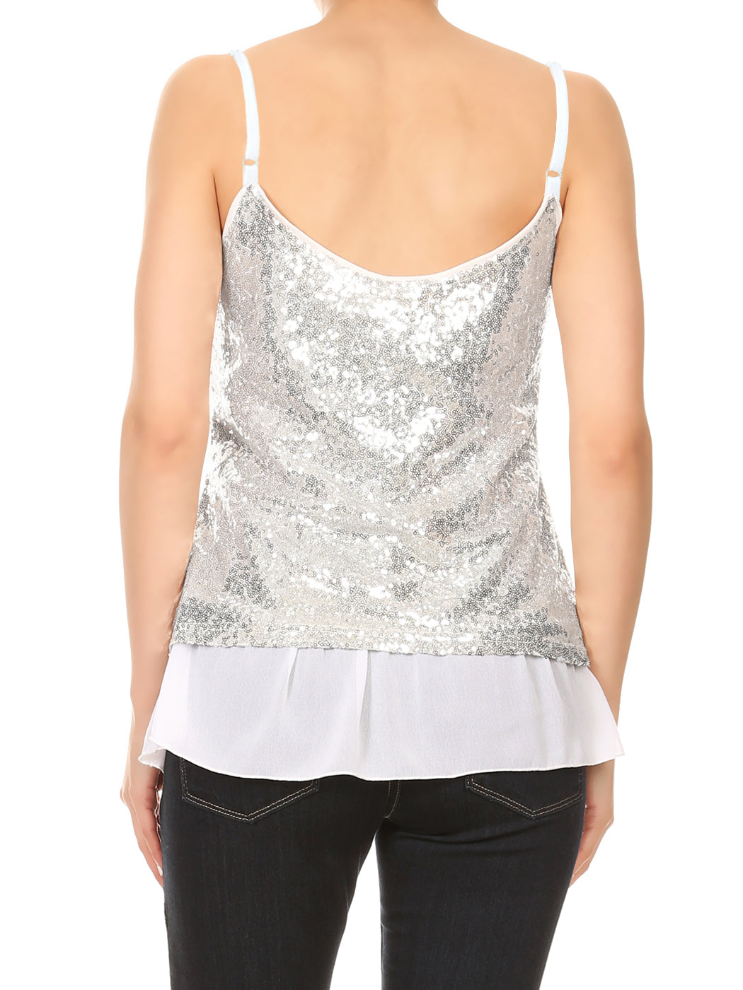 Womens Sequin Spaghetti Strap Sheer Ruffle Crop Camisole Tank Top