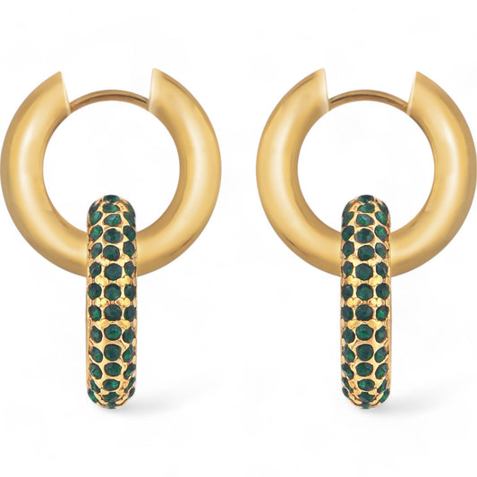 Alilang Women's Gold Tone Hoop Earrings with Green Crystal Encrusted Accent Ring