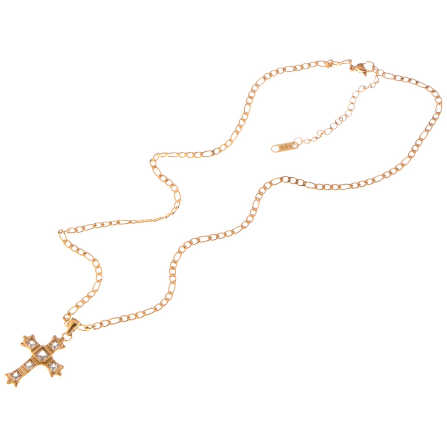 Alilang Gold Tone Cross Pendant Necklace with Green Gemstone Accents