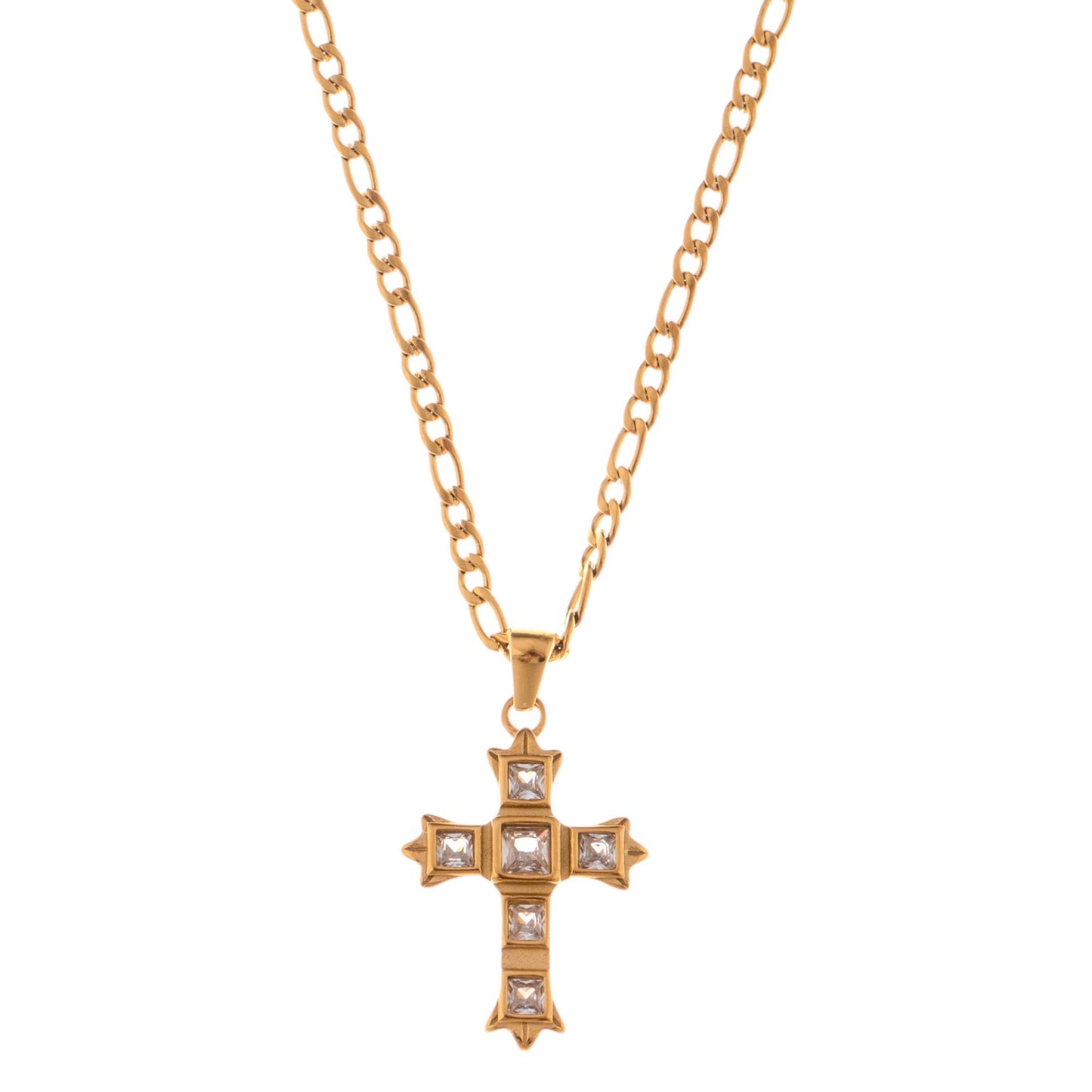 Alilang Gold Tone Cross Pendant Necklace with Green Gemstone Accents