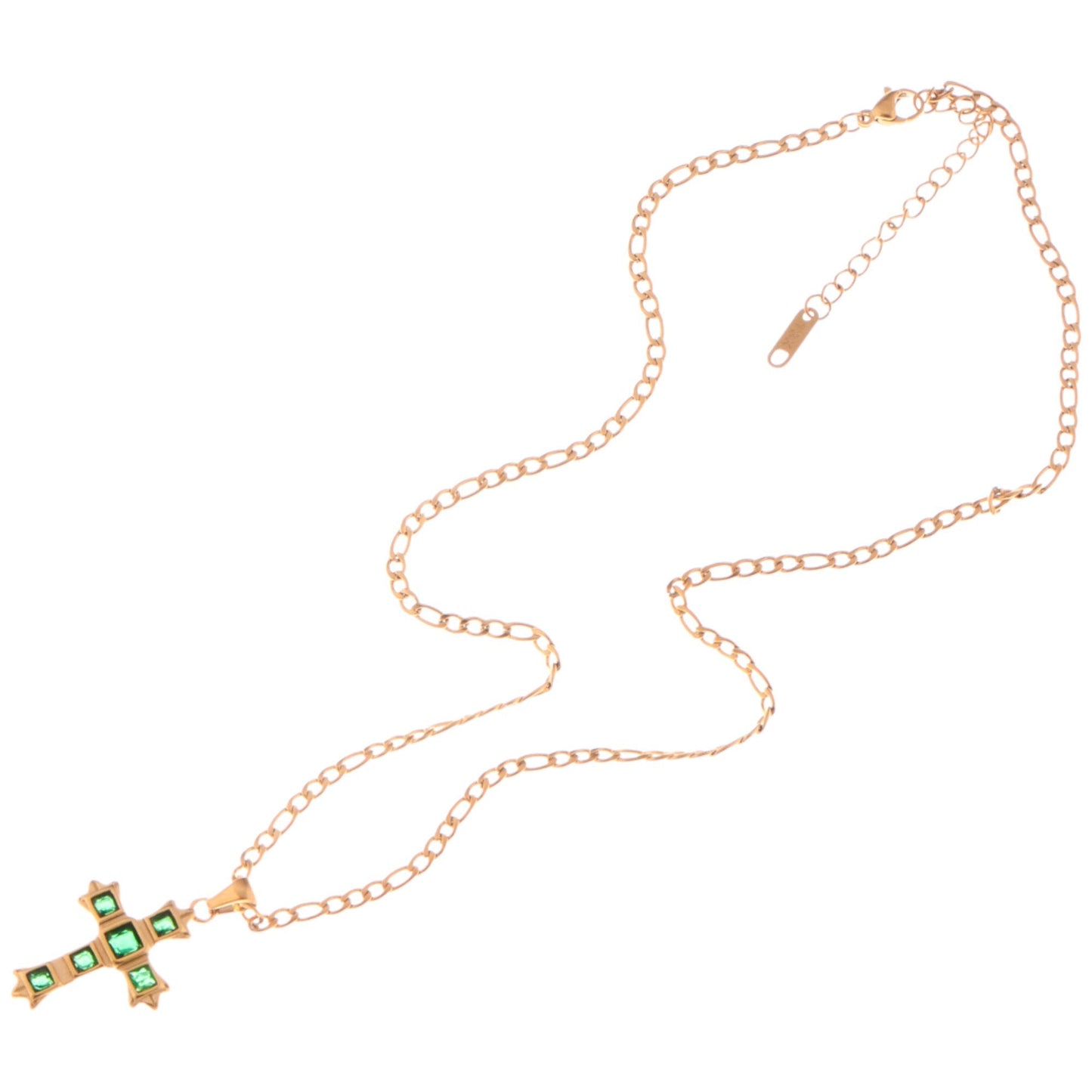 Alilang Gold Tone Cross Pendant Necklace with Green Gemstone Accents