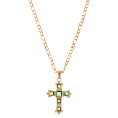 Alilang Gold Tone Cross Pendant Necklace with Green Gemstone Accents