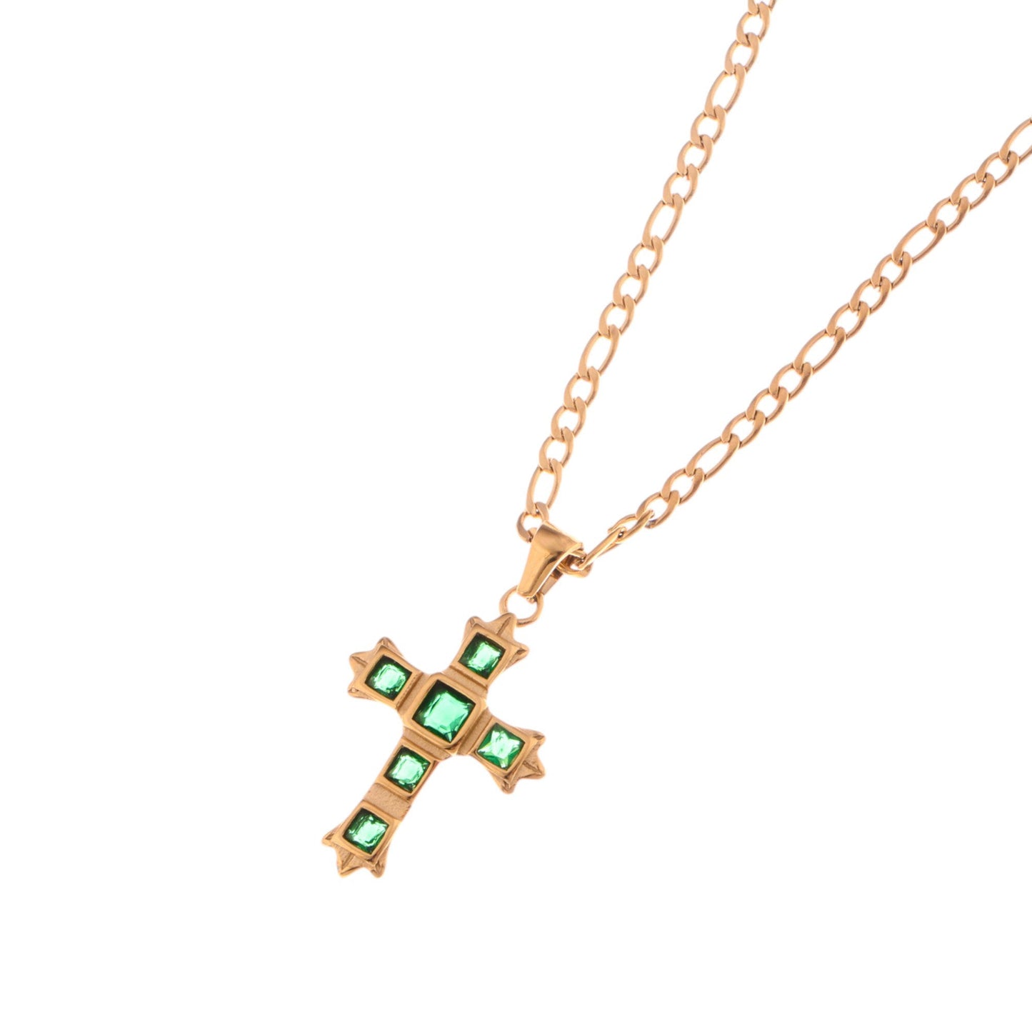 Alilang Gold Tone Cross Pendant Necklace with Green Gemstone Accents