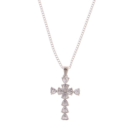 Alilang Silver Tone Cross Pendant Necklace with Heart-Shaped Gemstone Accents