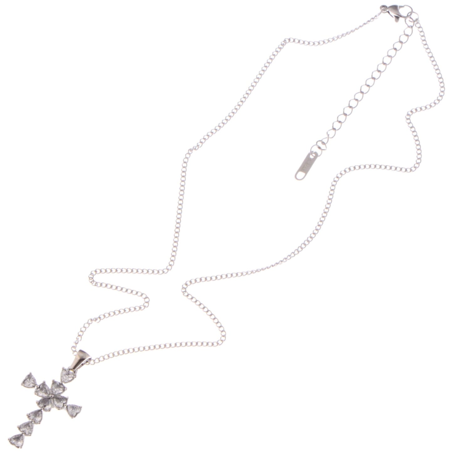 Alilang Silver Tone Cross Pendant Necklace with Heart-Shaped Gemstone Accents