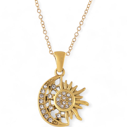 Alilang Women's Rhinestone Sun and Moon Pendant Necklace with Gold Tone Chain Statement Jewelry Piece
