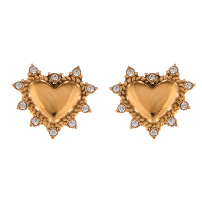 Alilang Gold Tone Heart Stud Earrings with Rhinestone Accents