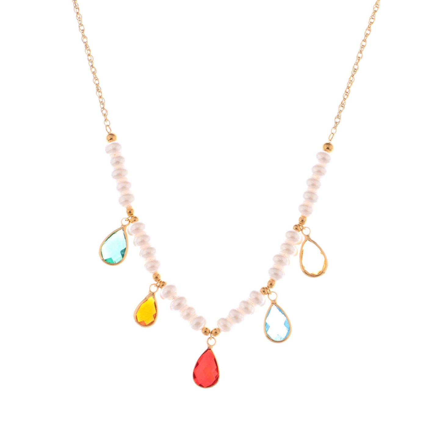 Alilang Pearl Beaded Necklace with Colorful Teardrop Crystal Charms