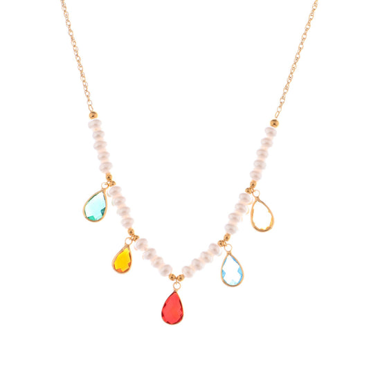 Alilang Pearl Beaded Necklace with Colorful Teardrop Crystal Charms