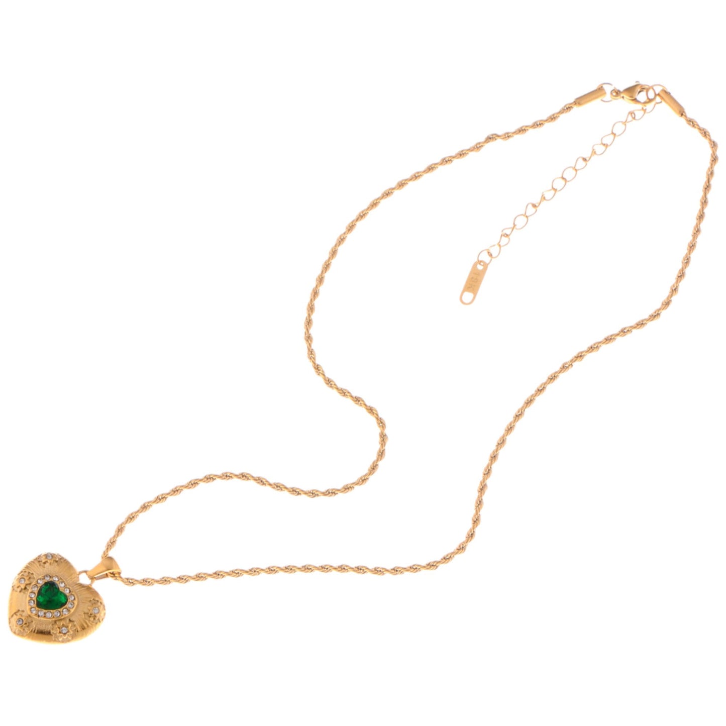 Alilang Gold Tone Heart Pendant Necklace with Green Gemstone and Crystal Accents