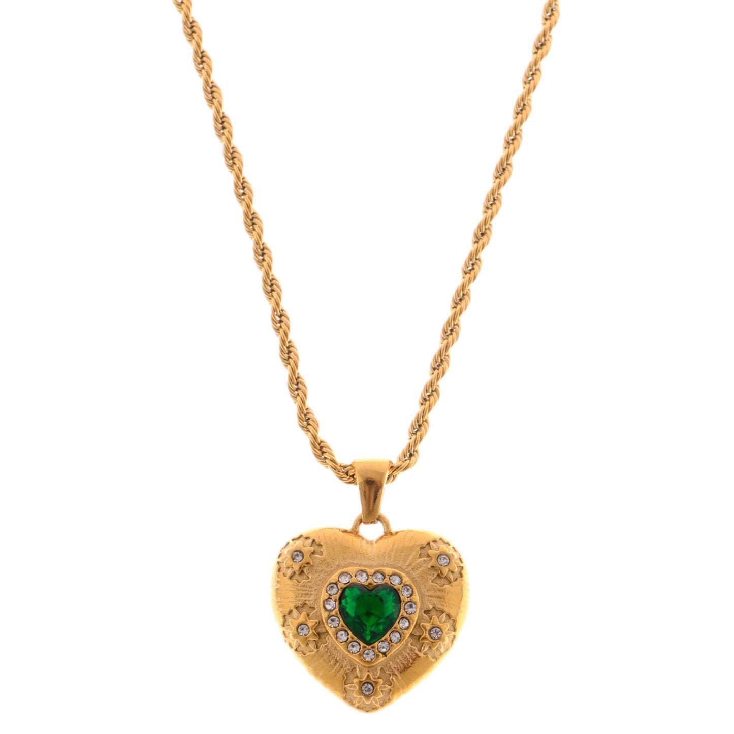 Alilang Gold Tone Heart Pendant Necklace with Green Gemstone and Crystal Accents