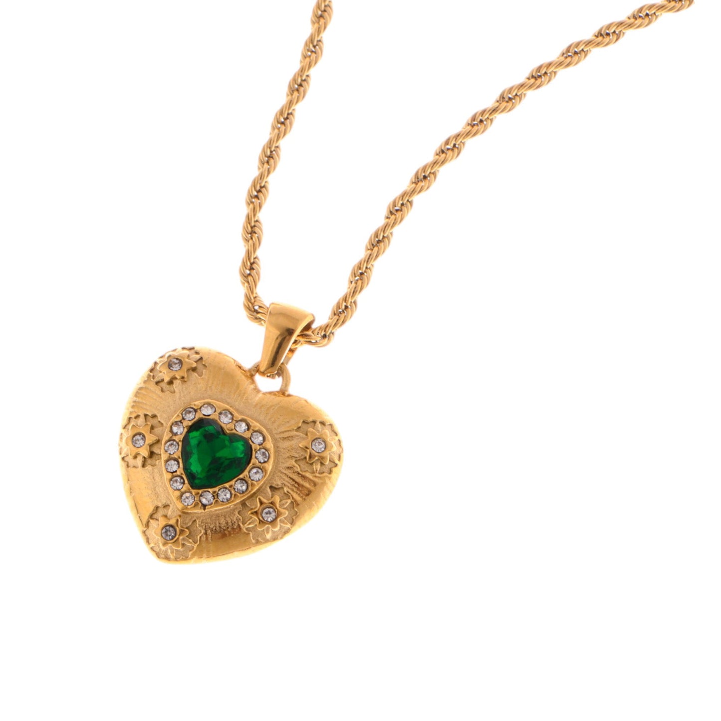 Alilang Gold Tone Heart Pendant Necklace with Green Gemstone and Crystal Accents