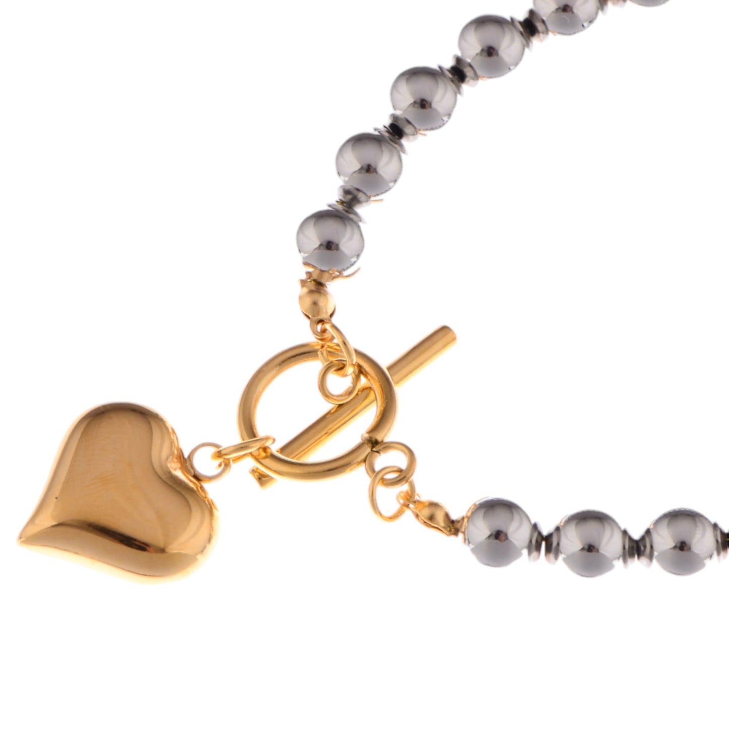 Alilang Silver Beaded Bracelet with Gold Heart Charm and Toggle Clasp