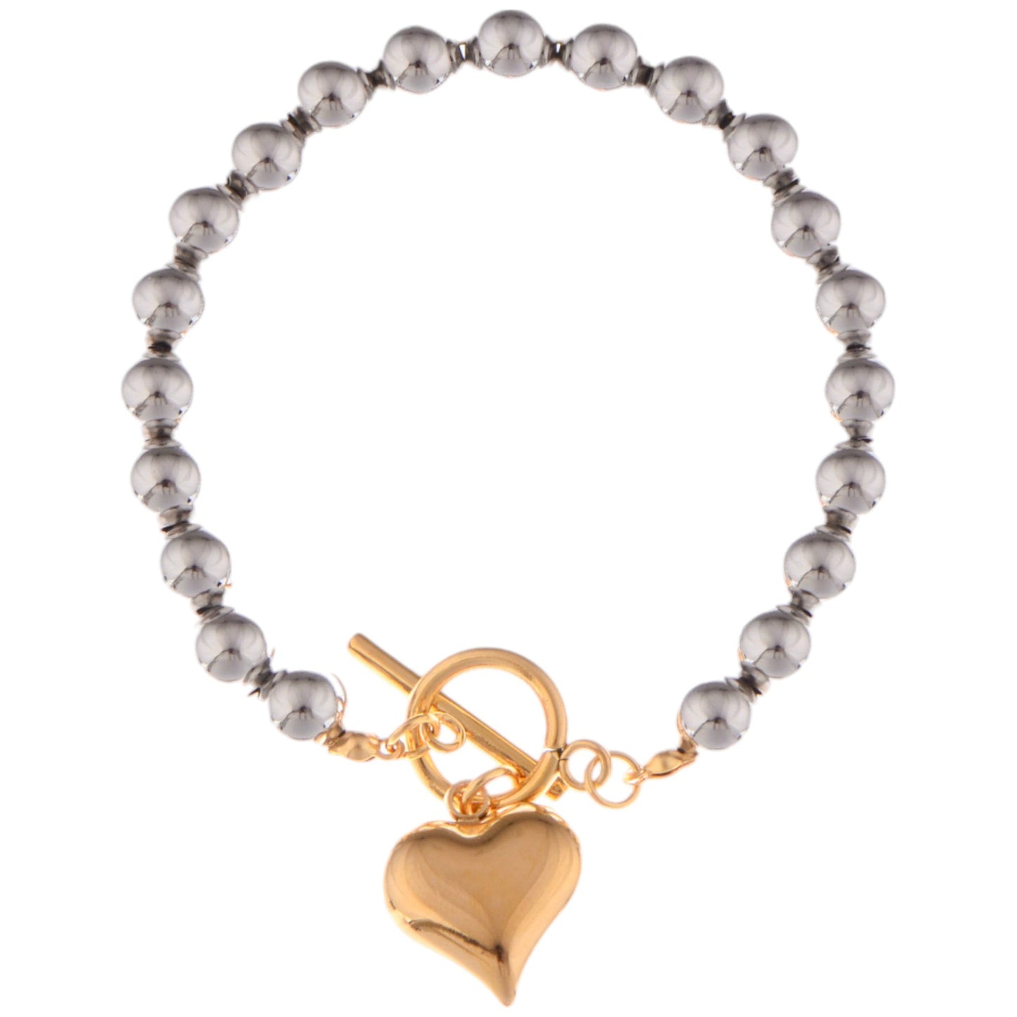 Alilang Silver Beaded Bracelet with Gold Heart Charm and Toggle Clasp