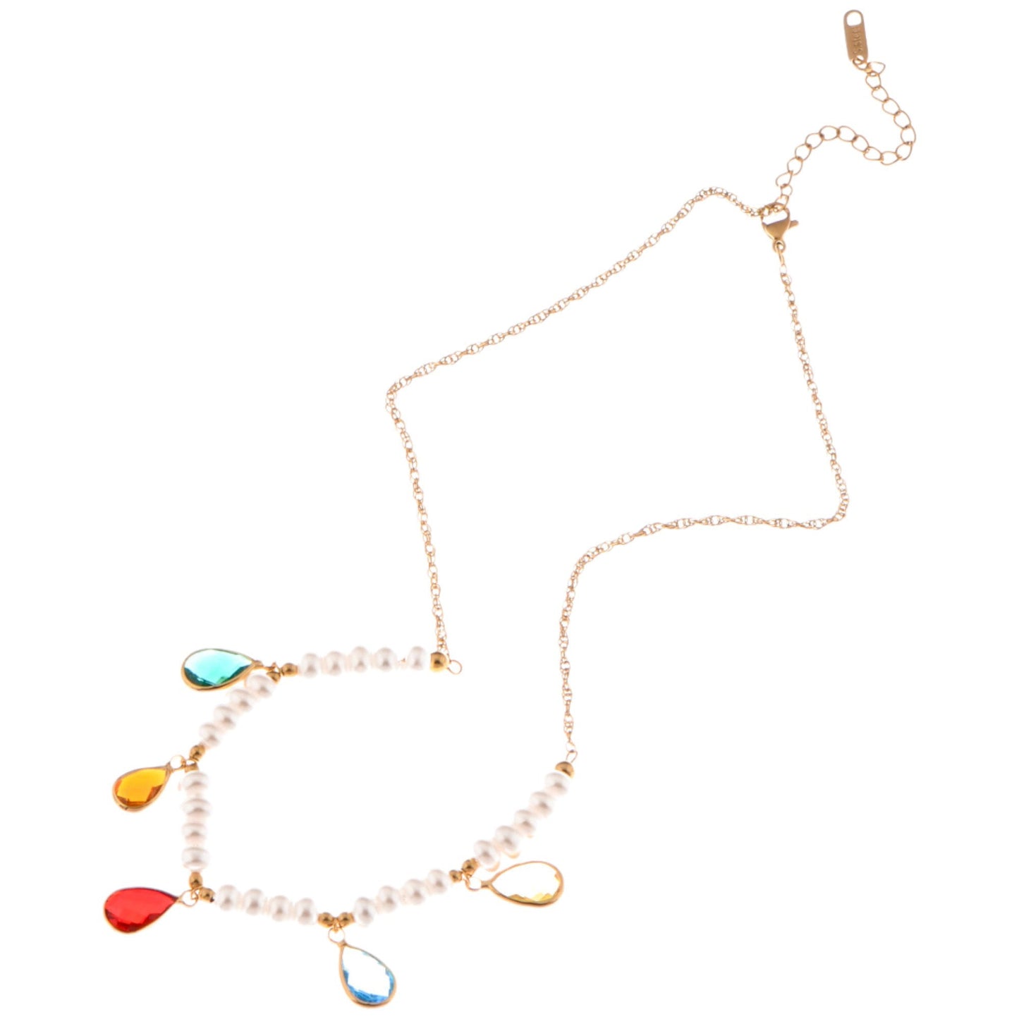 Alilang Pearl Beaded Necklace with Colorful Teardrop Crystal Charms