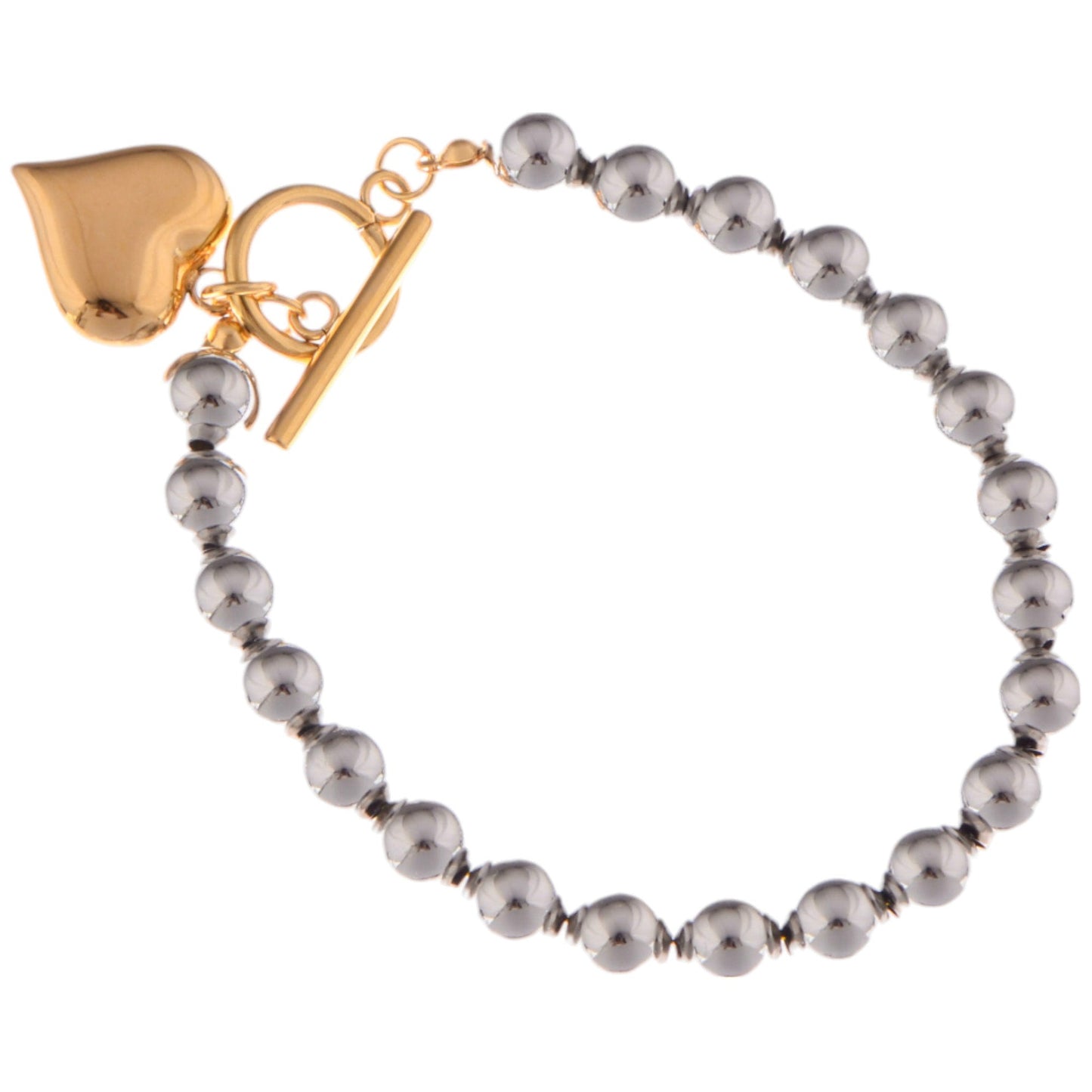 Alilang Silver Beaded Bracelet with Gold Heart Charm and Toggle Clasp