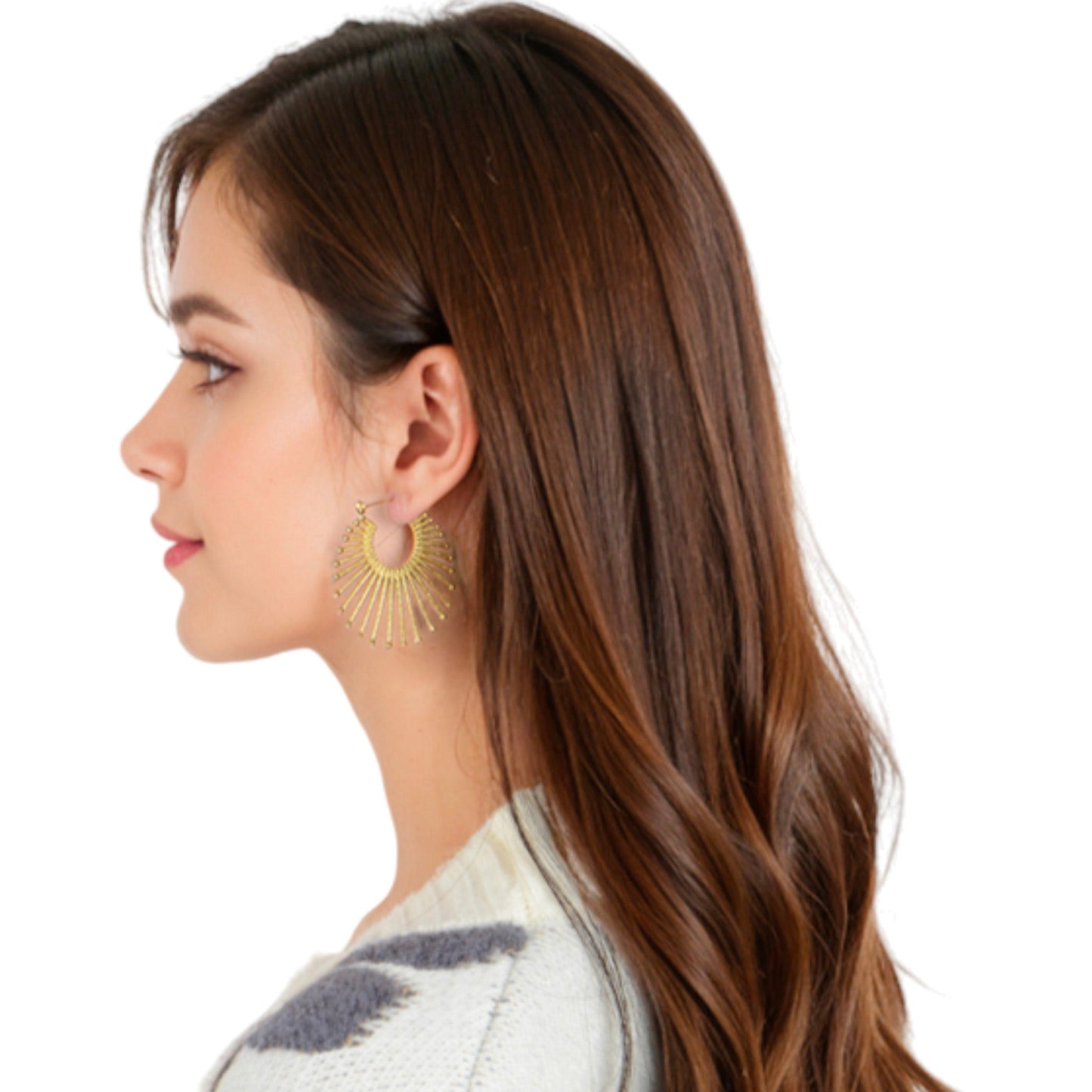 Alilang Gold Fan Hoop Earrings with Intricate Textured Detailing