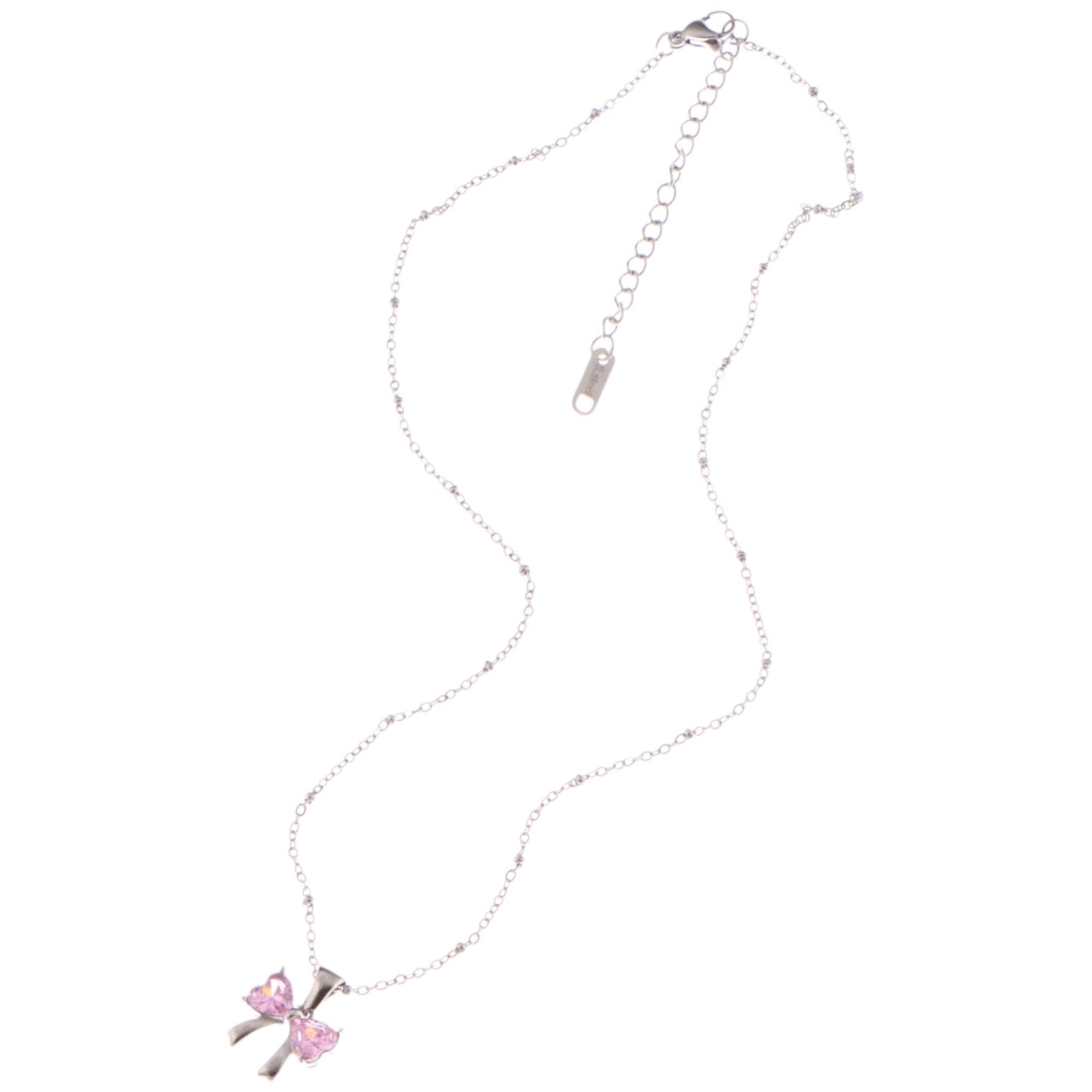 Alilang Silver Bow Pendant Necklace with Pink Gemstone Accents