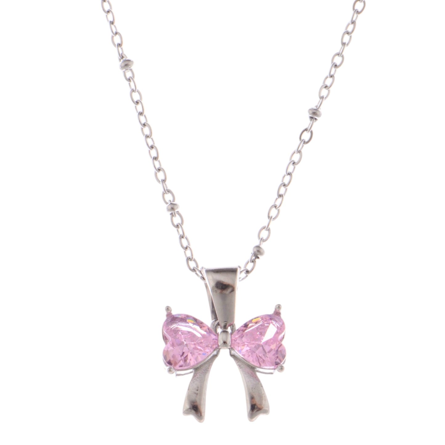 Alilang Silver Bow Pendant Necklace with Pink Gemstone Accents