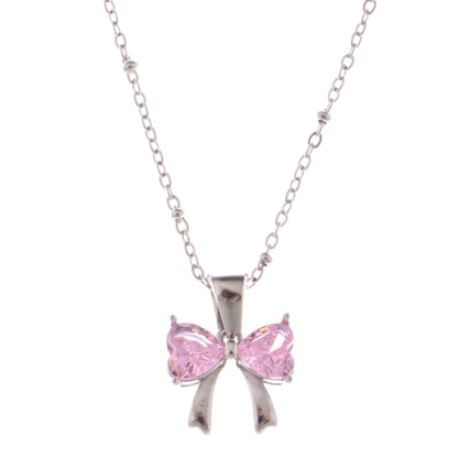 Alilang Silver Bow Pendant Necklace with Pink Gemstone Accents