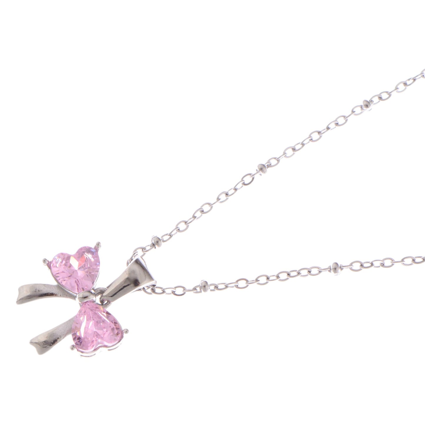 Alilang Silver Bow Pendant Necklace with Pink Gemstone Accents