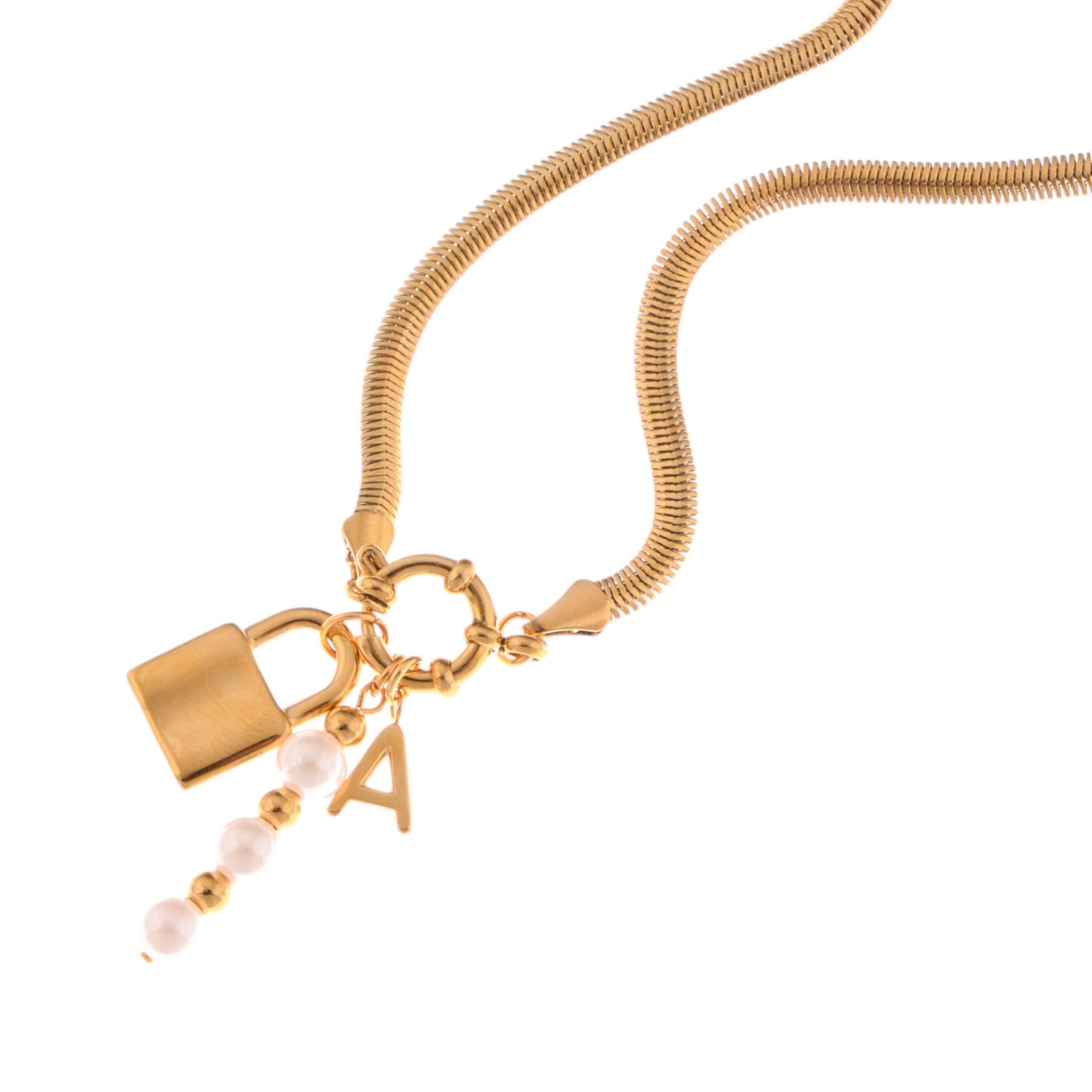 Alilang Gold-Tone Lock Pendant Necklace with Pearl and Initial Charm Details